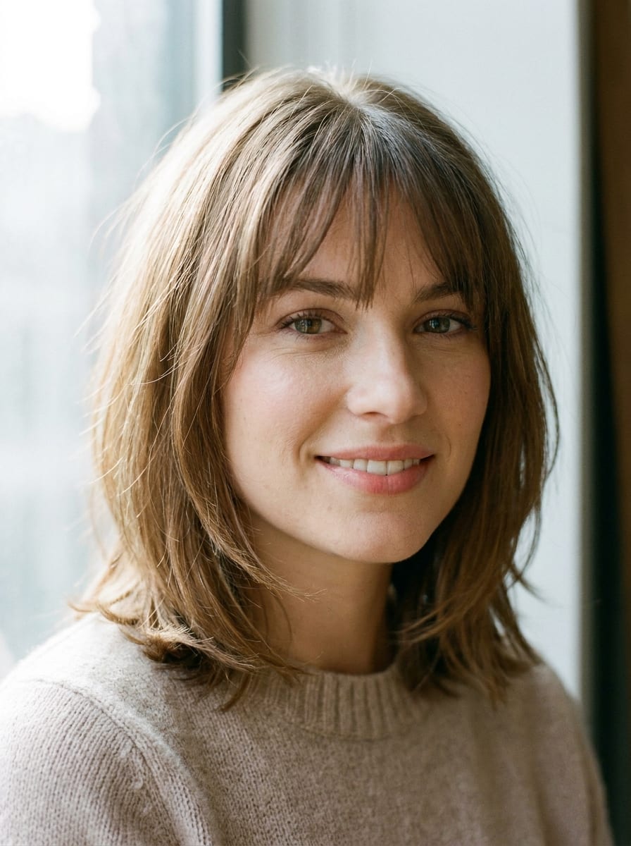 Wispy Bangs mit mittellangen Haaren - Frisur für ein eckiges Gesicht